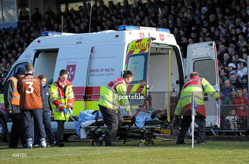 21 February 2010; Dublin player Alan McCrabbe leaves the field on a stretcher during the second half against Waterford. Allianz GAA Hurling National League Division 1 Round 1, Waterford v Dublin. Walsh Park, Waterford. Picture credit: Matt Browne / SPORTSFILE