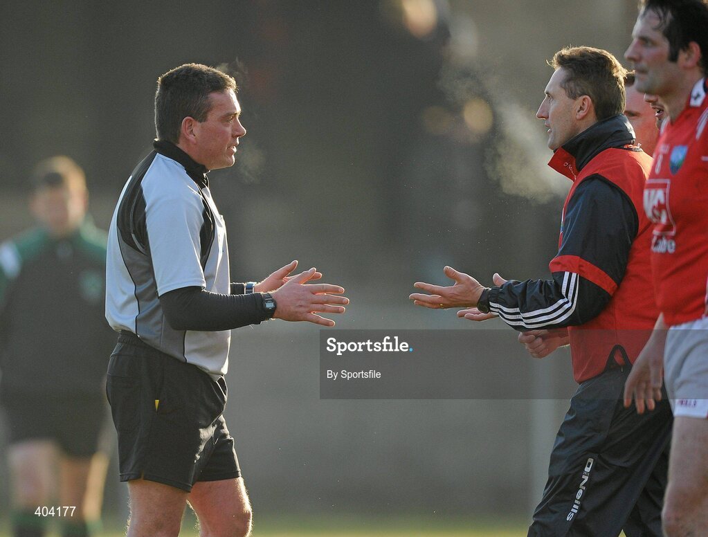 21 February 2010; Louth manager Peter Fitzpatrick remonstrates with referee Joe Curley after he blew the final whistle before the ball went out of play and UCD won the game by a point. O'Byrne Cup Final, Louth v Dublin City University. Dowdallshill, Dundalk, Co. Louth. Photo by Sportsfile