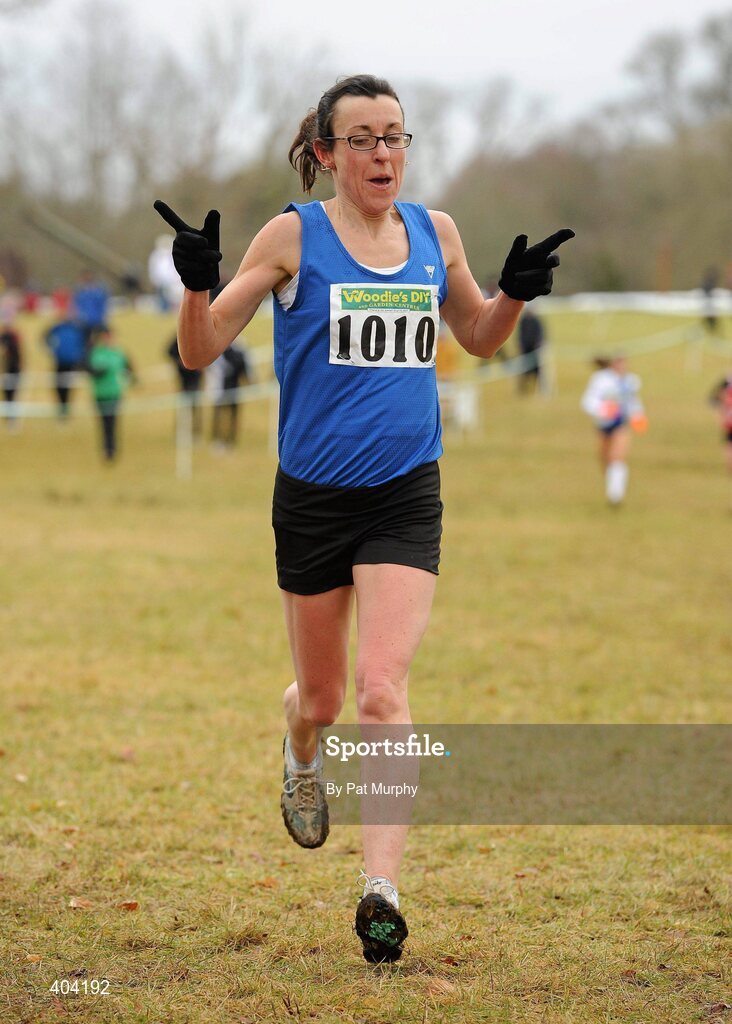 21 February 2010; Annette Kealy, Dublin, crosses the line to win the Woodie’s DIY Masters Cross Country. Senior Athletes, Woodie’s DIY Masters Cross Country. Lough Key Forest Park, Boyle, Co. Roscommon. Picture credit: Pat Murphy / SPORTSFILE