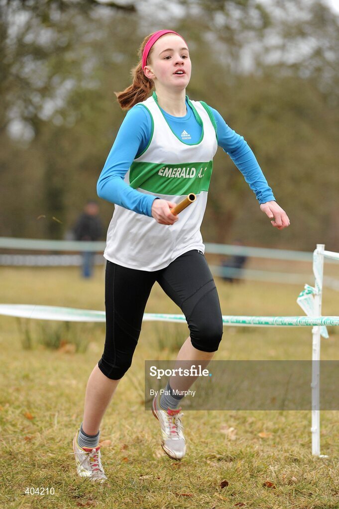 21 February 2010; Sarah Lanigan, Limerick, in action during the U14 4x400m relay. Juvenile Athletes, Woodie’s DIY Juvenile ‘B’ Cross Country. Lough Key Forest Park, Boyle, Co. Roscommon. Picture credit: Pat Murphy / SPORTSFILE