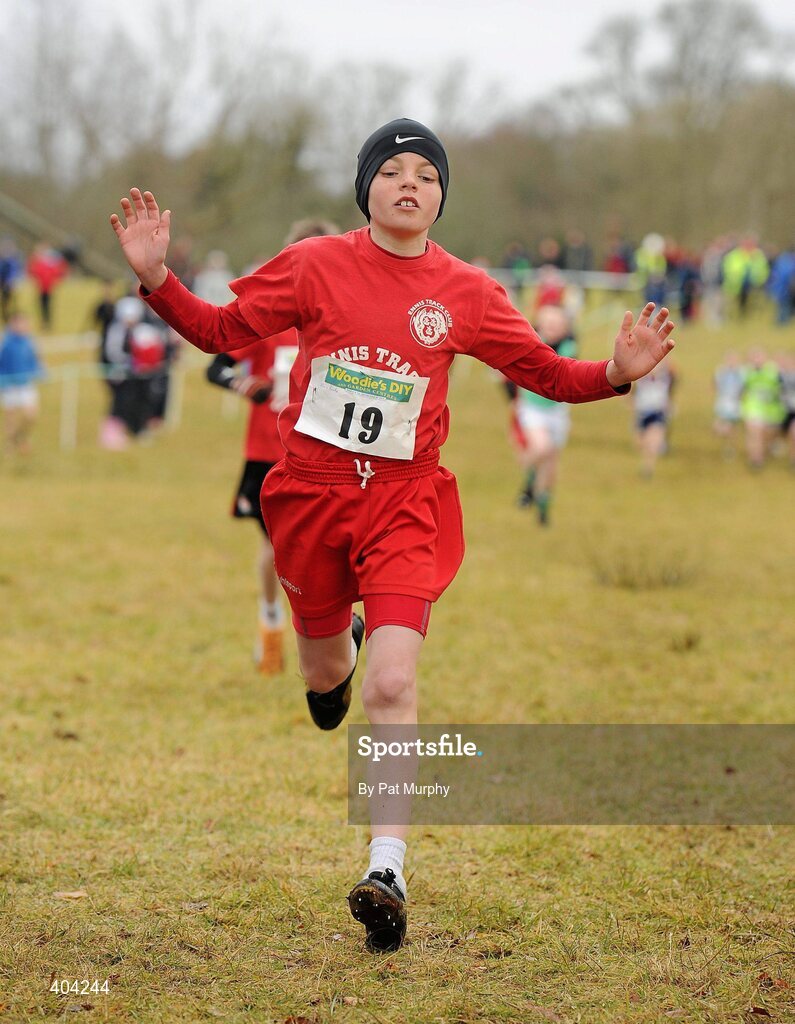 21 February 2010; Jamie Roche, Clare, crosses the line to win the U11 event at the Woodie’s DIY Juvenile ‘B’ Cross Country. Juvenile Athletes, Woodie’s DIY Juvenile ‘B’ Cross Country. Lough Key Forest Park, Boyle, Co. Roscommon. Picture credit: Pat Murphy / SPORTSFILE