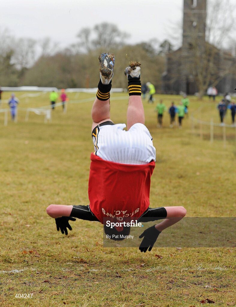 21 February 2010; Niall Leamy, St. Cronan's AC, Clare, who was the only competitor in the race, crosses the finish line to win the U19 Woodie’s DIY Juvenile ‘B’ Cross Country. Juvenile Athletes, Woodie’s DIY Juvenile ‘B’ Cross Country. Lough Key Forest Park, Boyle, Co. Roscommon. Picture credit: Pat Murphy / SPORTSFILE