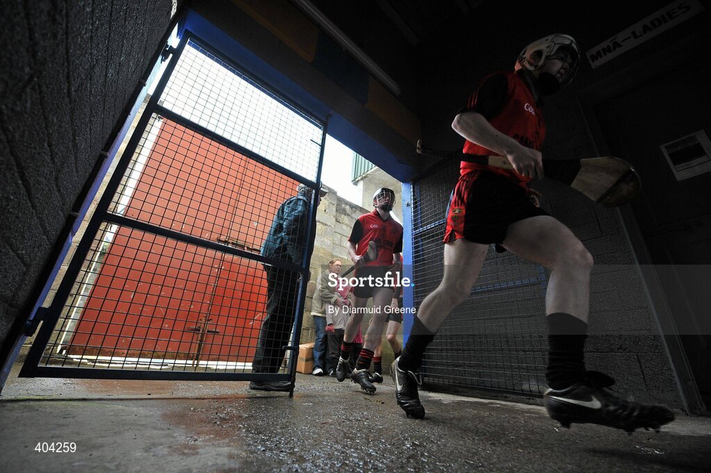 21 February 2010; Down's Sean Ennis, followed by Matthew Teague, leads his team out onto the pitch for the start of the second half. Allianz GAA Hurling National League, Division 2 Round 1, Clare v Down. Cusack Park, Ennis, Co. Clare. Picture credit: Diarmuid Greene / SPORTSFILE