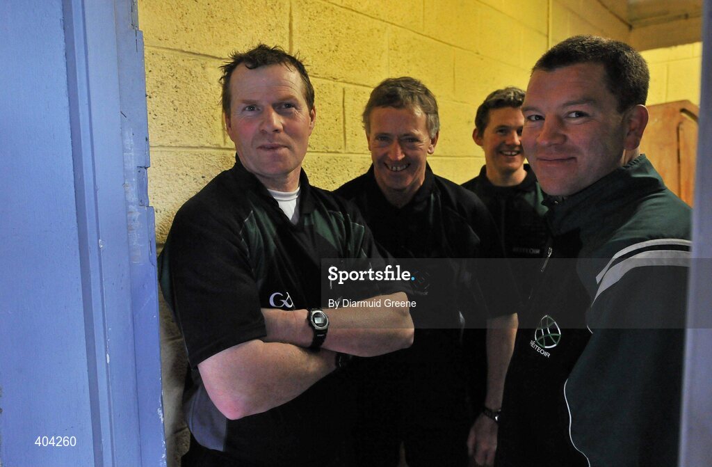 21 February 2010; Referee Michael Haverty, left, with his team of officials, wait in their dressing room ahead of the second half. Allianz GAA Hurling National League, Division 2 Round 1, Clare v Down. Cusack Park, Ennis, Co. Clare. Picture credit: Diarmuid Greene / SPORTSFILE