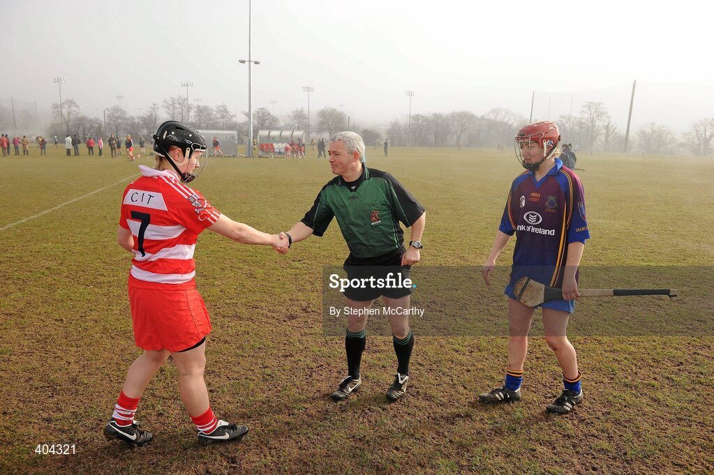 21 February 2010; Referee Cathal Egan greets CIT captain Charlotte Kearney and UL captain Aine Lyng ahead of the game. Ashbourne Shield Final, Cork Institute of Technology v University of Limerick. Cork Institute of Technology, Cork. Picture credit: Stephen McCarthy / SPORTSFILE