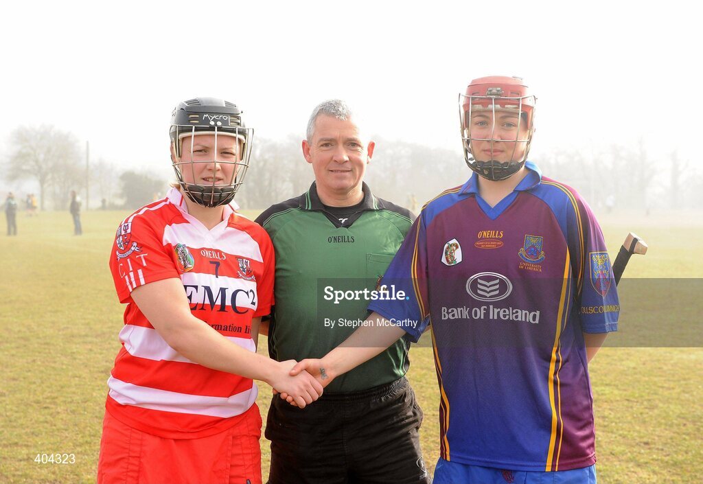 21 February 2010; Referee Cathal Egan with CIT captain Charlotte Kearney and UL captain Aine Lyng ahead of the game. Ashbourne Shield Final, Cork Institute of Technology v University of Limerick. Cork Institute of Technology, Cork. Picture credit: Stephen McCarthy / SPORTSFILE