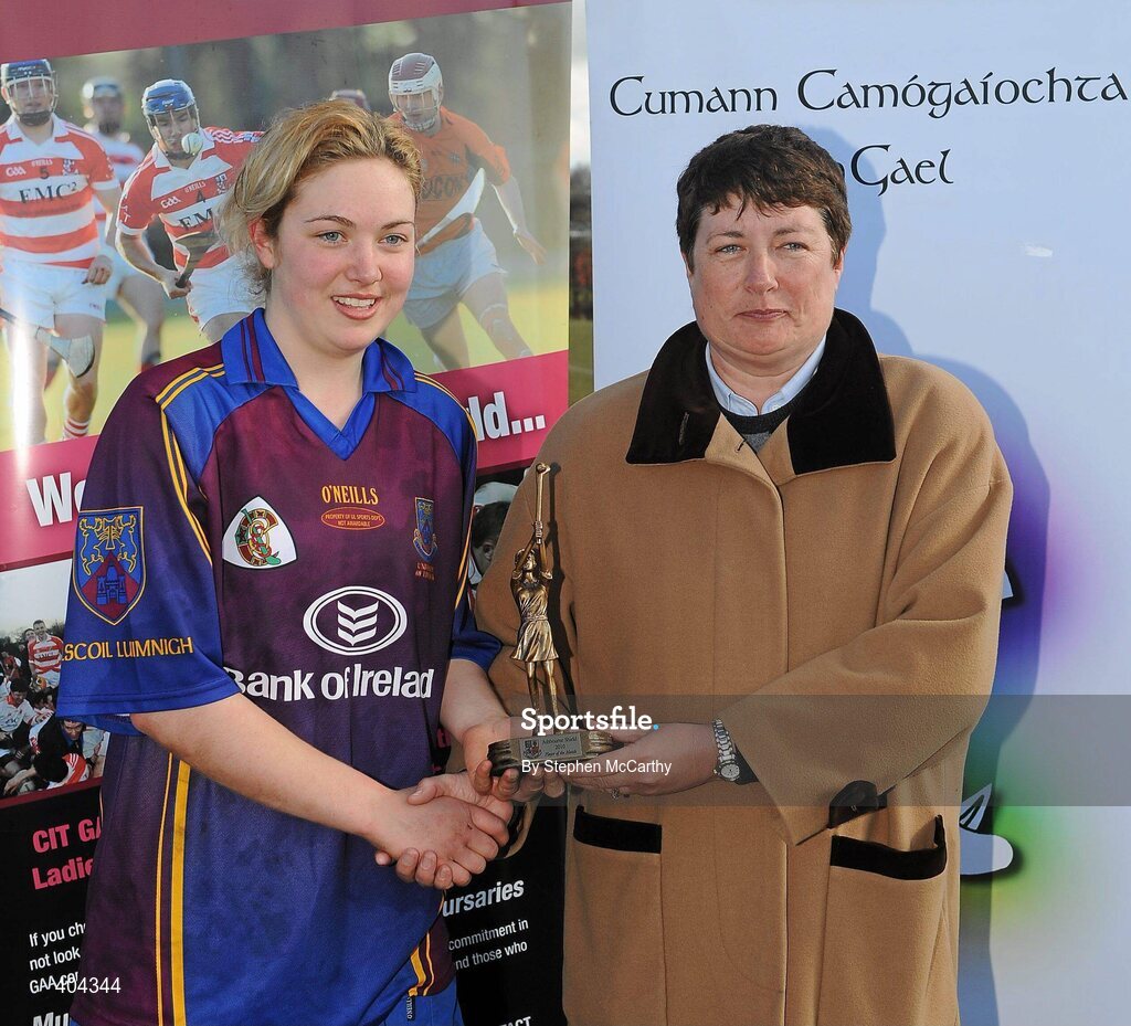 21 February 2010; UL captain Aine Lyng is preseneted with her Player of the Match award by Lynn Kelly, President of 3rd Level Camogie Association, following victory over CIT. Ashbourne Shield Final, Cork Institute of Technology v University of Limerick. Cork Institute of Technology, Cork. Picture credit: Stephen McCarthy / SPORTSFILE