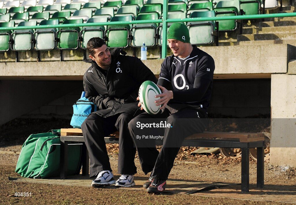 22 February 2010; Ireland's Tommy Bowe, right, in a jovial mood with Rob Kearney, who took no part in training, during squad training ahead of their RBS Six Nations Rugby Championship match against England on Saturday. Ireland rugby squad training, Greystones RFC, Co. Wicklow. Picture credit: Pat Murphy / SPORTSFILE