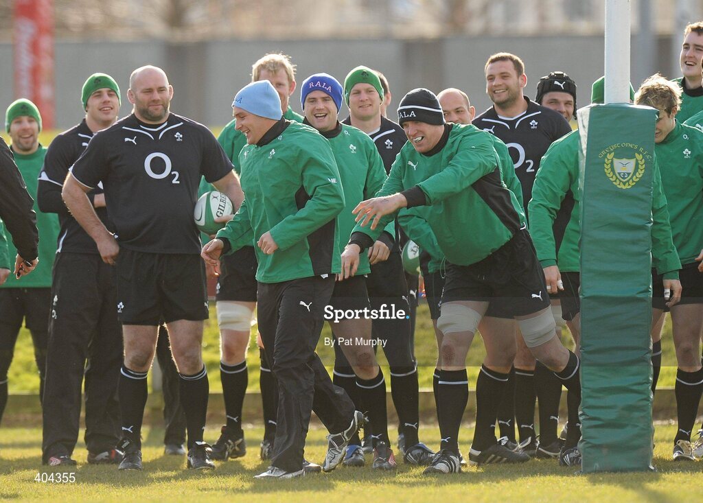 22 February 2010; Ireland's David Wallace and Paul O'Connell, right, share a joke during squad training ahead of their RBS Six Nations Rugby Championship match against England on Saturday. Ireland rugby squad training, Greystones RFC, Co. Wicklow. Picture credit: Pat Murphy / SPORTSFILE