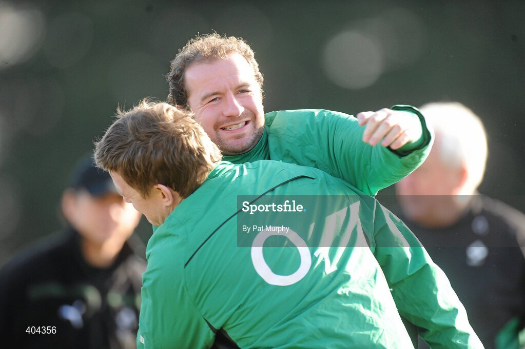 22 February 2010; Ireland's Geordan Murphy with team-mate Brian O'Driscoll, left, during squad training ahead of their RBS Six Nations Rugby Championship match against England on Saturday. Ireland rugby squad training, Greystones RFC, Co. Wicklow. Picture credit: Pat Murphy / SPORTSFILE