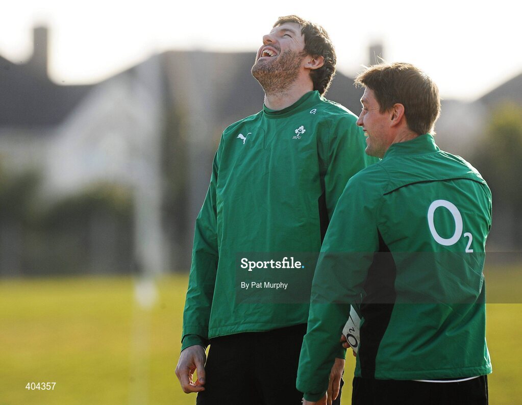22 February 2010; Ireland's Shane Horgan and Ronan O'Gara, right, share a joke during squad training ahead of their RBS Six Nations Rugby Championship match against England on Saturday. Ireland rugby squad training, Greystones RFC, Co. Wicklow. Picture credit: Pat Murphy / SPORTSFILE