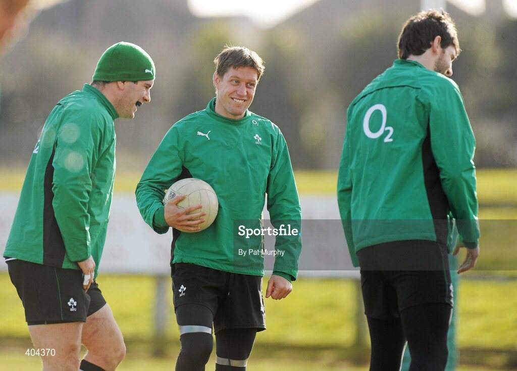 22 February 2010; Ireland's Ronan O'Gara in jovial mood with team-mates Shane Jennings, left, and Shane Horgan, right, during squad training ahead of their RBS Six Nations Rugby Championship match against England on Saturday. Ireland rugby squad training, Greystones RFC, Co. Wicklow. Picture credit: Pat Murphy / SPORTSFILE