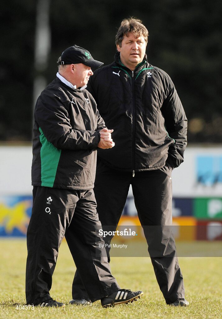 22 February 2010; Ireland Head Coach Declan Kidney with Assistant Coach Gert Small, right, during squad training ahead of their RBS Six Nations Rugby Championship match against England on Saturday. Ireland rugby squad training, Greystones RFC, Co. Wicklow. Picture credit: Pat Murphy / SPORTSFILE
