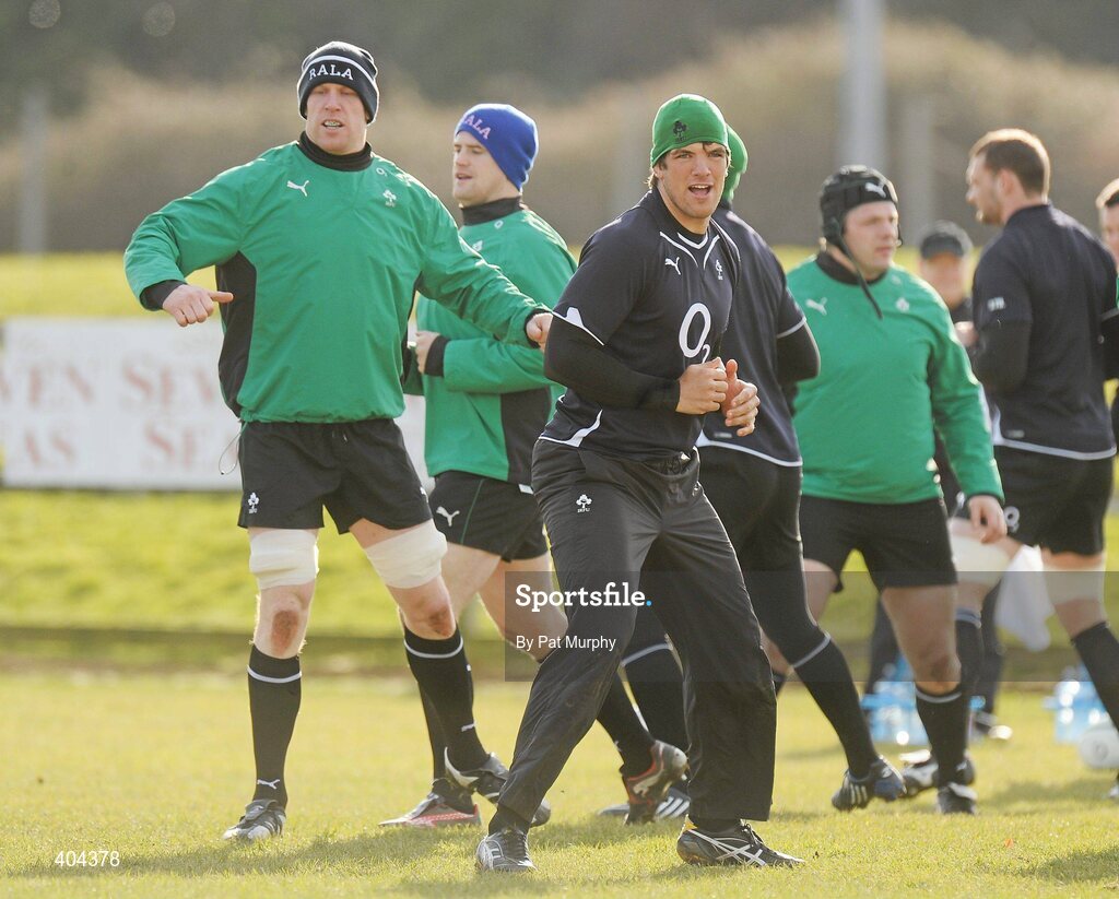 22 February 2010; Ireland's Paul O'Connell, left, and Donncha O'Callaghan warm up during squad training ahead of their RBS Six Nations Rugby Championship match against England on Saturday. Ireland rugby squad training, Greystones RFC, Co. Wicklow. Picture credit: Pat Murphy / SPORTSFILE