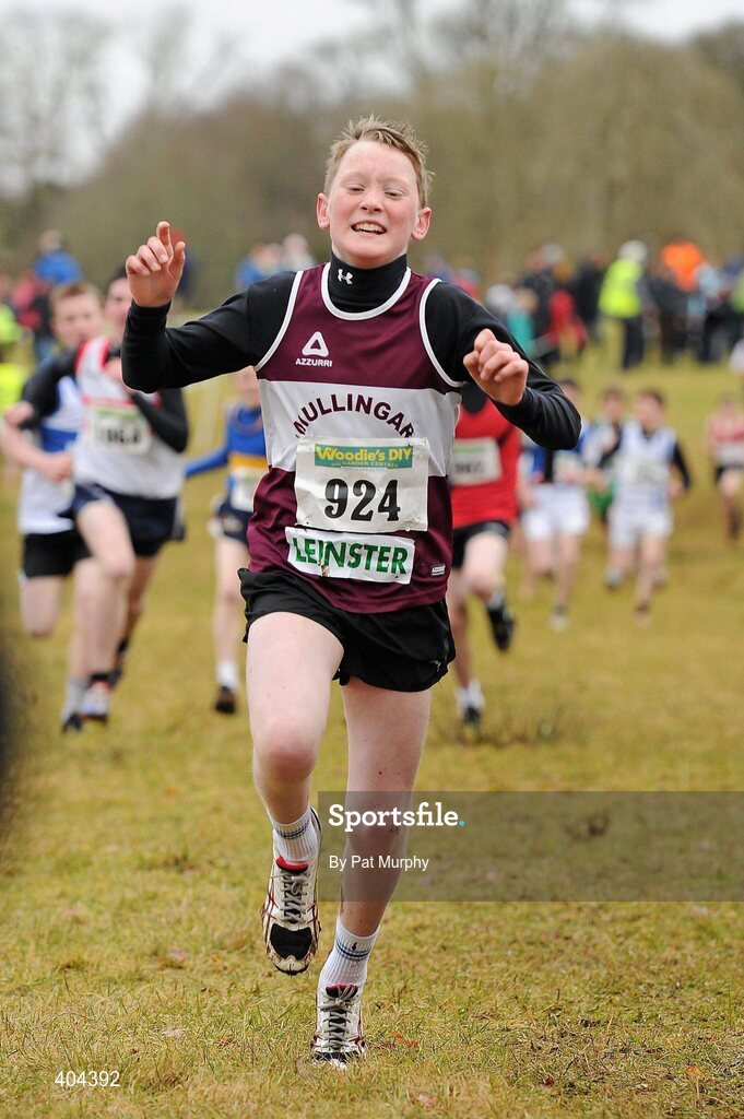 21 February 2010; Glen Gaffney, Mullingar Harriers AC, crosses the finish line to win the Boys U13 race at the Woodie’s DIY Juvenile ‘B’ Cross Country. Juvenile Athletes, Woodie’s DIY Juvenile ‘B’ Cross Country. Lough Key Forest Park, Boyle, Co. Roscommon. Picture credit: Pat Murphy / SPORTSFILE