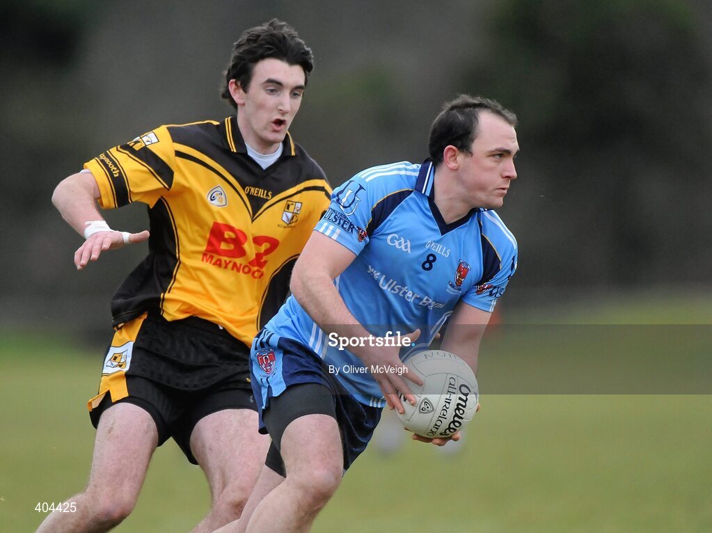 17 February 2010; Enda Kenny, UUJ, in action against James Califf, NUI Maynooth. Ulster Bank Sigerson Cup Quarter-Final, University of Ulster Jordanstown v NUI Maynooth, Jordanstown, Shore Road, Newtownabbey, Co. Antrim. Picture credit: Oliver McVeigh / SPORTSFILE