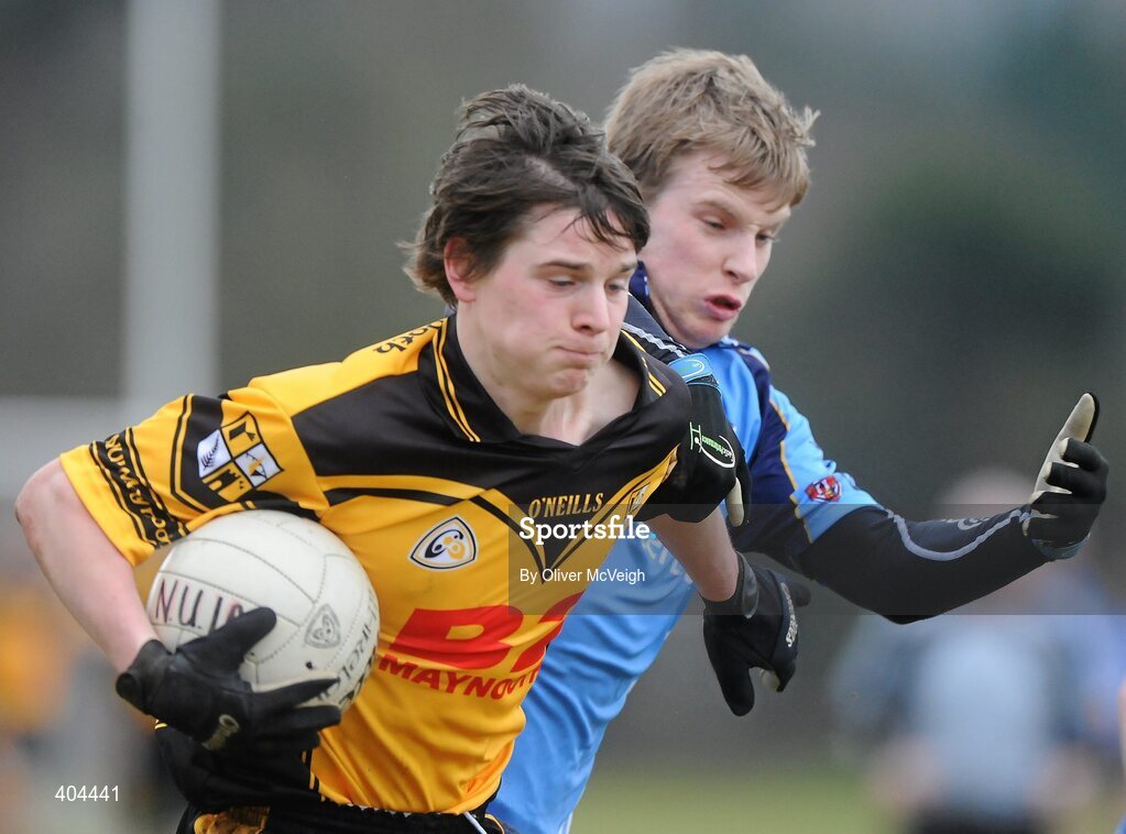 17 February 2010; David Quinn, NUI Maynooth, in action against Donal Morgan, UUJ. Ulster Bank Sigerson Cup Quarter-Final, University of Ulster Jordanstown v NUI Maynooth, Jordanstown, Shore Road, Newtownabbey, Co. Antrim. Picture credit: Oliver McVeigh / SPORTSFILE