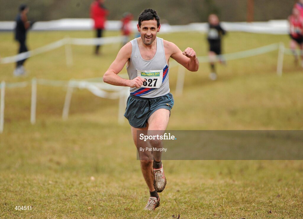 21 February 2010; Peter Matthews, Dundrum South Dublin AC, celebrates during the final metres of the Woodie’s DIY Masters Cross Country. Senior Athletes, Woodie’s DIY Masters Cross Country. Lough Key Forest Park, Boyle, Co. Roscommon. Picture credit: Pat Murphy / SPORTSFILE