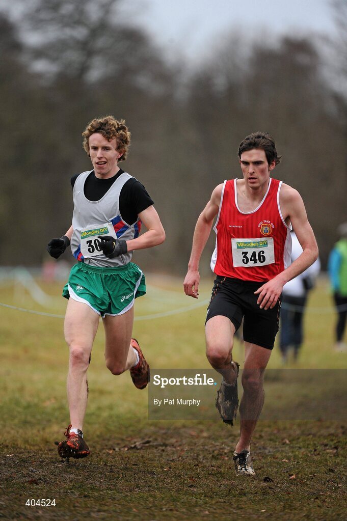 21 February 2010; Eventual winner Brendan O’Neill, Dundrum South Dublin Athletic Club, left, races alongside Rory Chesser, Clare, who finished in third place, during the Woodie’s DIY Intermediate Cross Country. Senior Athletes, Woodie’s DIY Intermediate Cross Country. Lough Key Forest Park, Boyle, Co. Roscommon. Picture credit: Pat Murphy / SPORTSFILE