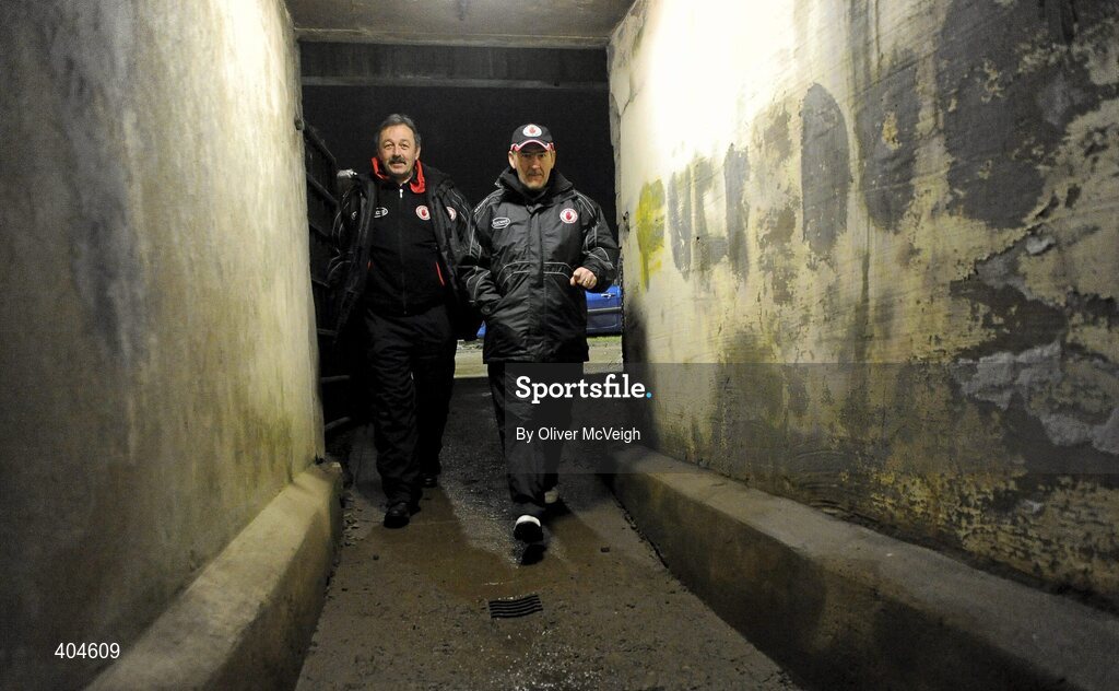 20 January 2010; Tyrone manager Mickey Harte, right, and is assistant Tony Donnelly, entering the players tunnel. Barrett Sports Lighting Dr. McKenna Cup, Group B, Donegal v Tyrone, MacCumhaill Park, Ballybofey, Co. Donegal. Picture credit: Oliver McVeigh / SPORTSFILE