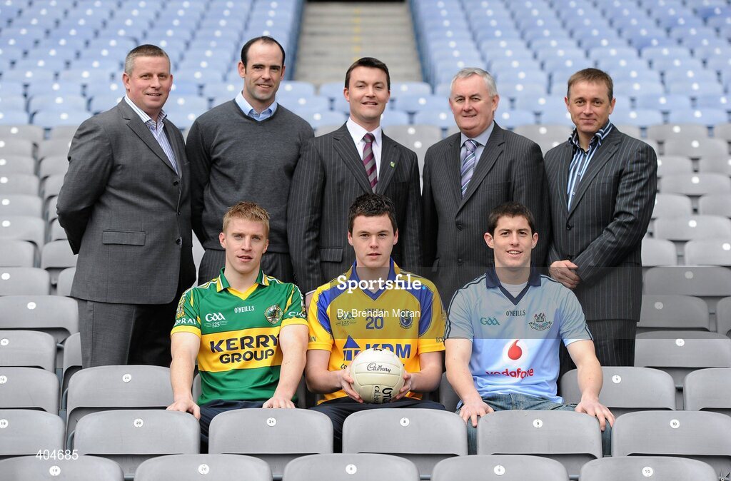 23 February 2010; At the launch of the Cadbury GAA Football U21 All Ireland Championship are, front, from left, players Barry John Walsh, Kerry, Donal Shine, Roscommon and Rory O'Carroll, Dublin, with back, from left, Hero of the Future Judges Paul Caffrey and Dermot Earley, Shane Guest, Cadbury Ireland, Uachtarán CLG Criostóir Ó Cuana and Hero of the Future Judge Micheal O Domhnaill. This is Cadbury’s sixth year as sponsor and will see even more support given to the championship with in-store activity, digital initiatives, and further on-street activity taking place over the next 3 months. For more details log onto www.cadburygaau21.com or join Cadbury GAA Football on facebook. Croke Park, Dublin. Picture credit: Brendan Moran / SPORTSFILE