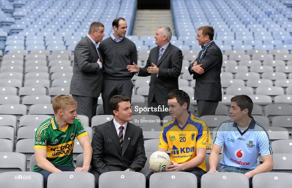 23 February 2010; At the launch of the Cadbury GAA Football U21 All Ireland Championship are, front, from left, Barry John Walsh, Kerry, Shane Guest, Cadbury Ireland, Donal Shine, Roscommon and Rory O'Carroll, Dublin, with back, from left, Hero of the Future Judges Paul Caffrey and Dermot Earley, Uachtarán CLG Criostóir Ó Cuana and Hero of the Future Judge Micheal O Domhnaill. This is Cadbury’s sixth year as sponsor and will see even more support given to the championship with in-store activity, digital initiatives, and further on-street activity taking place over the next 3 months. For more details log onto www.cadburygaau21.com or join Cadbury GAA Football on facebook. Croke Park, Dublin. Picture credit: Brendan Moran / SPORTSFILE