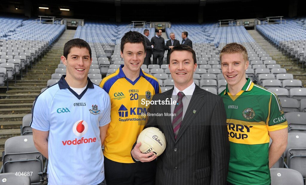 23 February 2010; At the launch of the Cadbury GAA Football U21 All Ireland Championship are, front, from left, Rory O'Carroll, Dublin, Donal Shine, Roscommon, Shane Guest, Cadbury Ireland and Barry John Walsh, Kerry, with back, from left, Hero of the Future Judges Paul Caffrey and Dermot Earley, Uachtarán CLG Criostóir Ó Cuana and Hero of the Future Judge Micheal O Domhnaill. This is Cadbury’s sixth year as sponsor and will see even more support given to the championship with in-store activity, digital initiatives, and further on-street activity taking place over the next 3 months. For more details log onto www.cadburygaau21.com or join Cadbury GAA Football on facebook. Croke Park, Dublin. Picture credit: Brendan Moran / SPORTSFILE