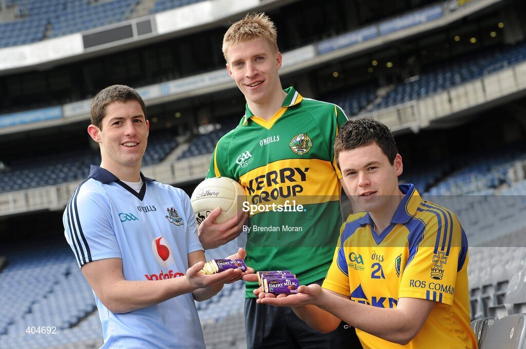 23 February 2010; At the launch of the Cadbury GAA Football U21 All Ireland Championship are, from left, players Rory O'Carroll, Dublin, Barry John Walsh, Kerry and Donal Shine, Roscommon. This is Cadbury’s sixth year as sponsor and will see even more support given to the championship with in-store activity, digital initiatives, and further on-street activity taking place over the next 3 months. For more details log onto www.cadburygaau21.com or join Cadbury GAA Football on facebook. Croke Park, Dublin. Picture credit: Brendan Moran / SPORTSFILE