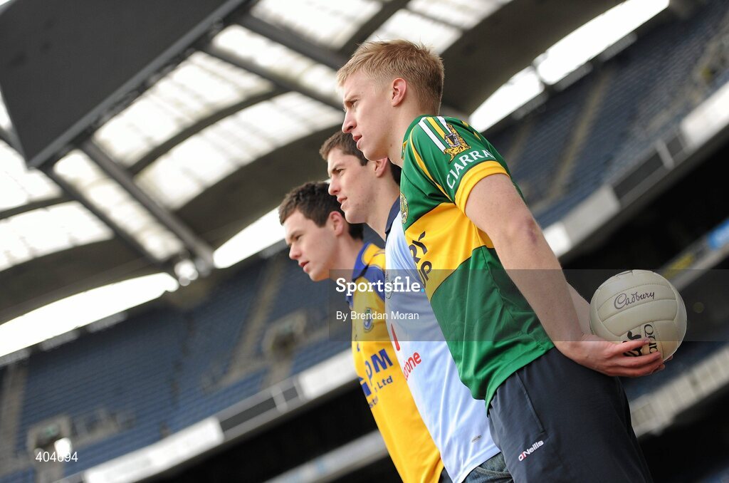 23 February 2010; At the launch of the Cadbury GAA Football U21 All Ireland Championship are, from left, Donal Shine, Roscommon, Rory O'Carroll, Dublin, and Barry John Walsh, Kerry. This is Cadbury’s sixth year as sponsor and will see even more support given to the championship with in-store activity, digital initiatives, and further on-street activity taking place over the next 3 months. For more details log onto www.cadburygaau21.com or join Cadbury GAA Football on facebook. Croke Park, Dublin. Picture credit: Brendan Moran / SPORTSFILE