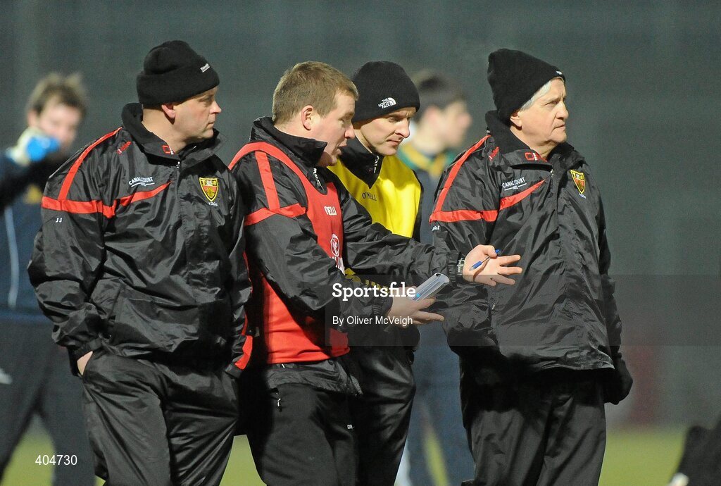 13 February 2010; The Down management team, from left to right, Jerome Johnston, selector, James McCartan, manager, Paddy Tally, trainer, and Brian McIver, selector, leave the field at half time. Allianz National Football League, Division 2, Round 2, Down v Meath, Pairc Esler, Newry, Co. Down. Picture credit: Oliver McVeigh / SPORTSFILE