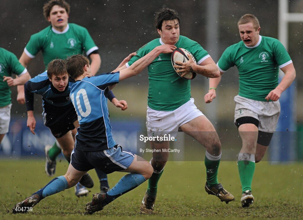 23 February 2010; Mark McGroarty, Gonzaga College SJ, is tackled by Michael Halpin, Newpark Comprehensive. Vinnie Murray Semi-Final, Newpark Comprehensive v Gonzaga College SJ, Old Belvedere RFC, Anglesea Road, Dublin. Picture credit: Stephen McCarthy / SPORTSFILE
