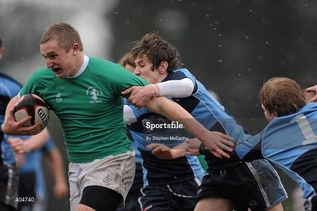 23 February 2010; Patrick Lavelle, Gonzaga College SJ, is tackled by Sam Crowe and Aubrey Marshall, 1, Newpark Comprehensive. Vinnie Murray Semi-Final, Newpark Comprehensive v Gonzaga College SJ, Old Belvedere RFC, Anglesea Road, Dublin. Picture credit: Stephen McCarthy / SPORTSFILE