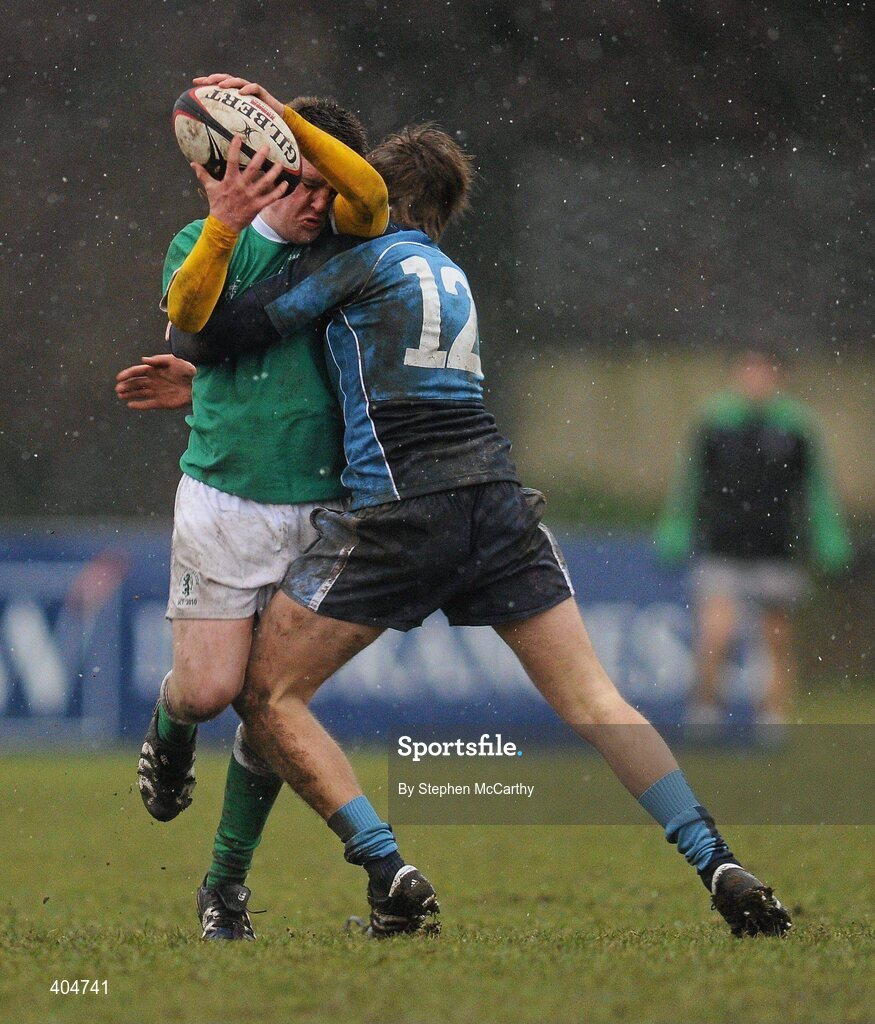 23 February 2010; Cillian McDowell, Gonzaga College SJ, is tackled by Fergus Halpin, Newpark Comprehensive. Vinnie Murray Semi-Final, Newpark Comprehensive v Gonzaga College SJ, Old Belvedere RFC, Anglesea Road, Dublin. Picture credit: Stephen McCarthy / SPORTSFILE