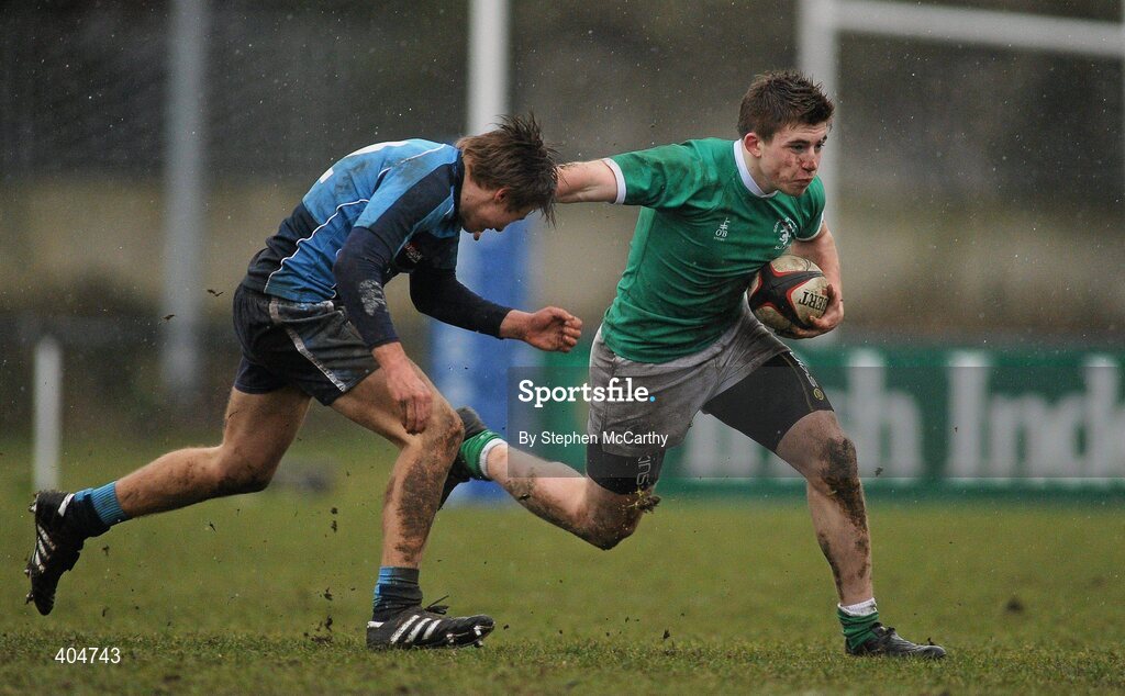 23 February 2010; Daniel Diviney, Gonzaga College SJ, is tackled by Fergus Halpin, Newpark Comprehensive. Vinnie Murray Semi-Final, Newpark Comprehensive v Gonzaga College SJ, Old Belvedere RFC, Anglesea Road, Dublin. Picture credit: Stephen McCarthy / SPORTSFILE