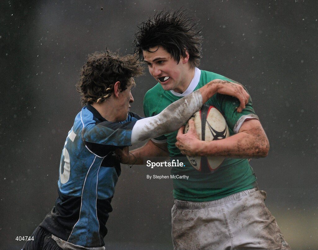 23 February 2010; Mark McPhillips, Gonzaga College SJ, is tackled by Sam Crowe, Newpark Comprehensive. Vinnie Murray Semi-Final, Newpark Comprehensive v Gonzaga College SJ, Old Belvedere RFC, Anglesea Road, Dublin. Picture credit: Stephen McCarthy / SPORTSFILE