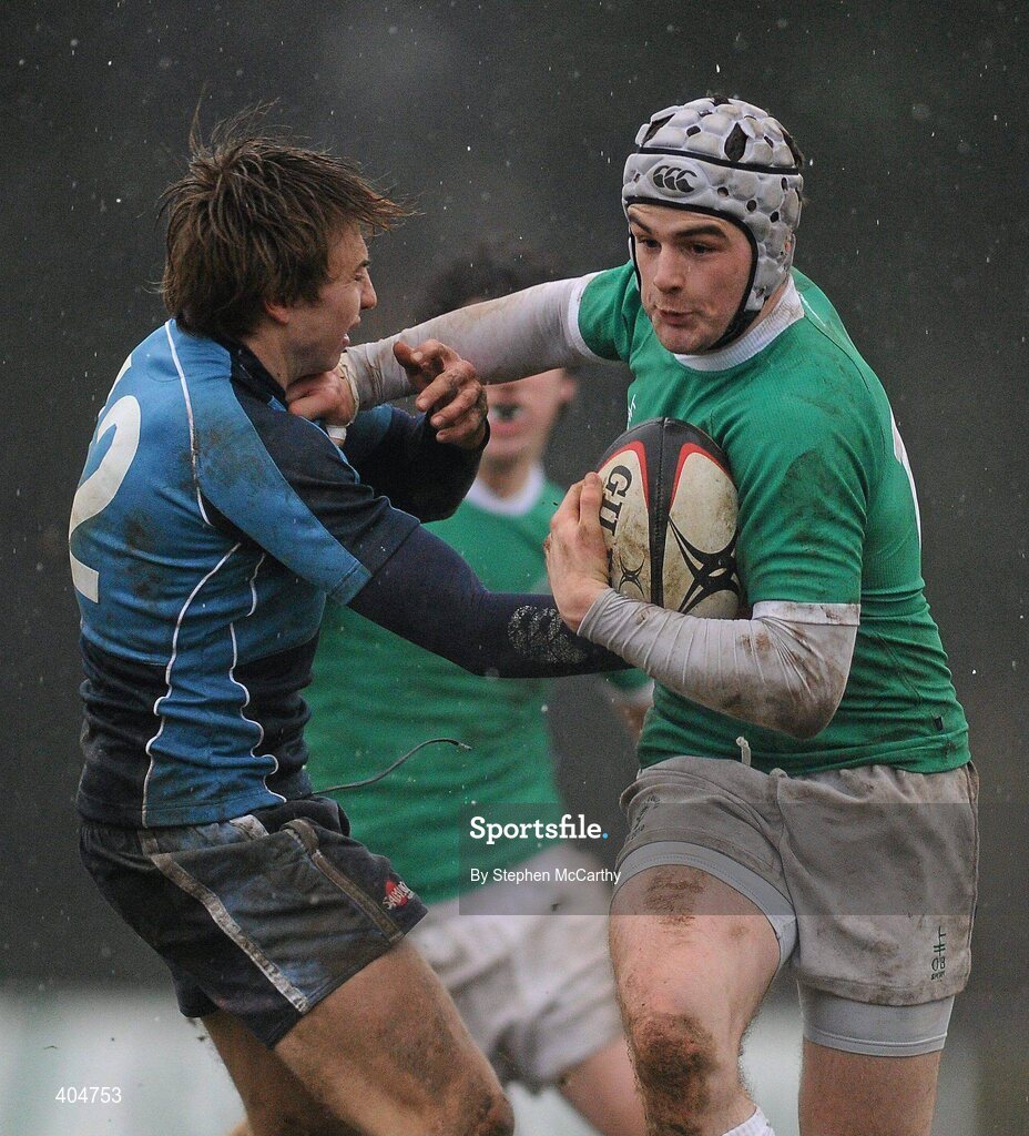 23 February 2010; Mark McPhillips, Gonzaga College SJ, is tackled by Sam Crowe, Newpark Comprehensive. Vinnie Murray Semi-Final, Newpark Comprehensive v Gonzaga College SJ, Old Belvedere RFC, Anglesea Road, Dublin. Picture credit: Stephen McCarthy / SPORTSFILE