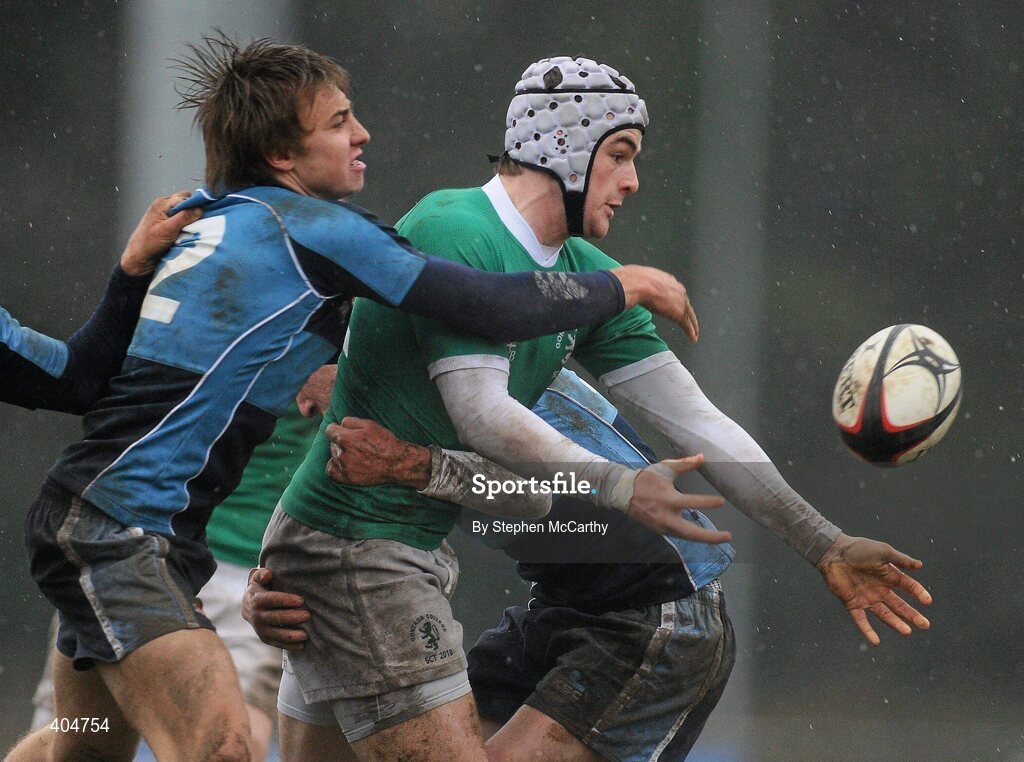 23 February 2010; Mark McPhillips, Gonzaga College SJ, is tackled by Sam Crowe and Eoin O'Connor, right, Newpark Comprehensive. Vinnie Murray Semi-Final, Newpark Comprehensive v Gonzaga College SJ, Old Belvedere RFC, Anglesea Road, Dublin. Picture credit: Stephen McCarthy / SPORTSFILE