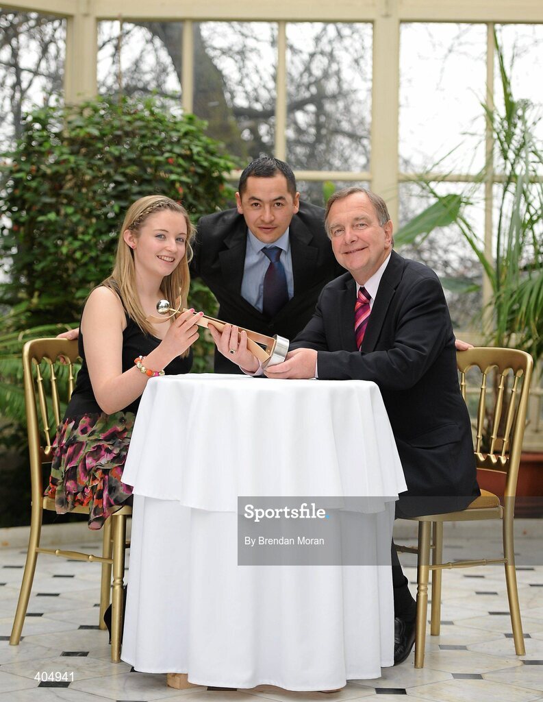24 February 2010; Junior Volunteer of the Year, Orla Grehan, from Ferbane, Co. Offaly, with her award alongside former Dublin star Jason Sherlock and Martin Cullen, TD, Minister for Arts, Sport and Tourism, at the Volunteers in Irish Sports Awards 2009. Farmleigh, Castleknock, Dublin. Picture credit: Brendan Moran / SPORTSFILE