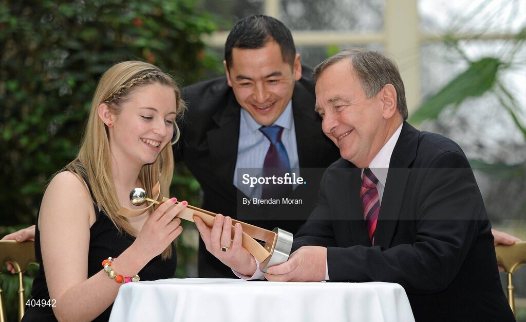 24 February 2010; Junior Volunteer of the Year Orla Grehan, from Ferbane, Co. Offaly, with her award alongside former Dublin star Jason Sherlock and Martin Cullen, TD, Minister for Arts, Sport and Tourism, at the Volunteers in Irish Sports Awards 2009. Farmleigh, Castleknock, Dublin. Picture credit: Brendan Moran / SPORTSFILE