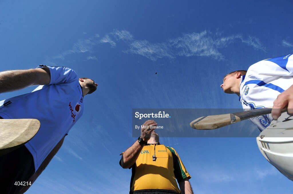21 February 2010; Referee Diarmuid Kirwan tosses the coin before the start of the game with Dublin captain Stephen Hiney, left, and Waterford captain Stephen Molumphy. Allianz GAA Hurling National League Division 1 Round 1, Waterford v Dublin. Walsh Park, Waterford. Picture credit: Matt Browne / SPORTSFILE