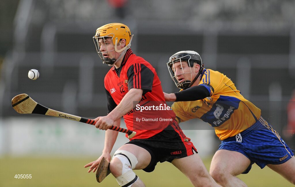 21 February 2010; Brendan Ennis, Down, in action against Alan Brigdale, Clare. Allianz GAA Hurling National League, Division 2 Round 1, Clare v Down. Cusack Park, Ennis, Co. Clare. Picture credit: Diarmuid Greene / SPORTSFILE