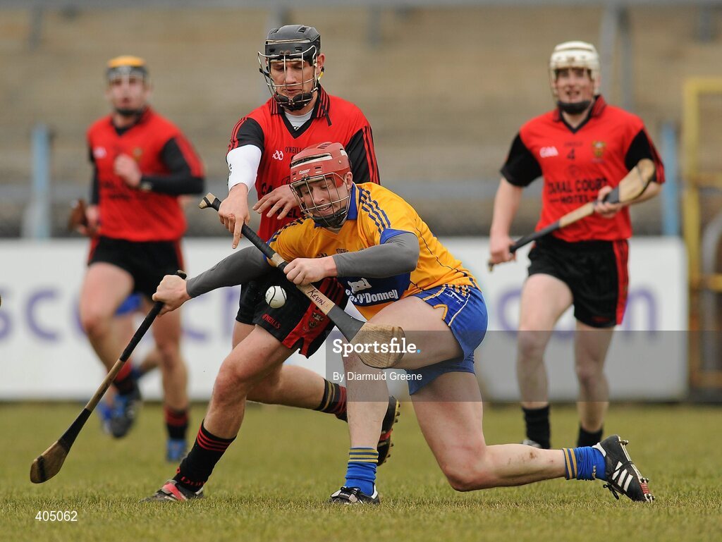 21 February 2010; Fergal Lynch, Clare, in action against Kevin McGarry, Down. Allianz GAA Hurling National League, Division 2 Round 1, Clare v Down. Cusack Park, Ennis, Co. Clare. Picture credit: Diarmuid Greene / SPORTSFILE