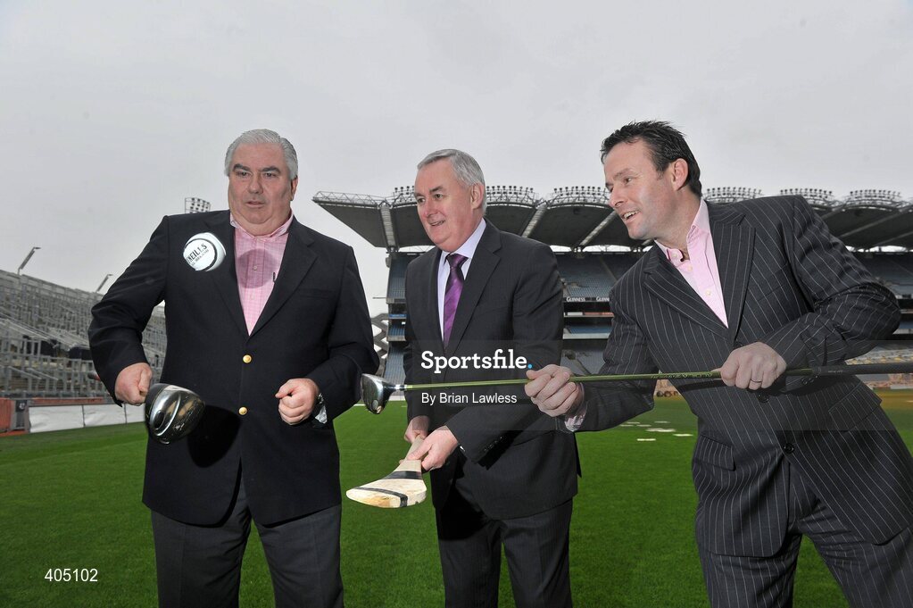 25 February 2010; Uachtarán CLG Criostóir Ó Cuana today launched the 2010 GAA Legends All-Ireland Charity golf Inter-County Championships which takes place in La Cala Resort, Costa del Sol between May 12th and 15th. The charity, which is one of the Association's two official charities for 2009/2010, involves teams from all 32 counties, made up of former inter-county footballers and hurlers competing in a golf championship for the top prize. The combined monies collected from all the teams entered will be divided between the chosen charities of the winning team. At the launch are Uachtarán CLG Criostóir Ó Cuana, centre, with Galway manager Joe Kernan, Secretary of the Organising Committee, left, and Meath football legend Bernard Flynn, Chairman of the Organising Committee. Croke Park, Dublin. Picture credit: Brian Lawless / SPORTSFILE