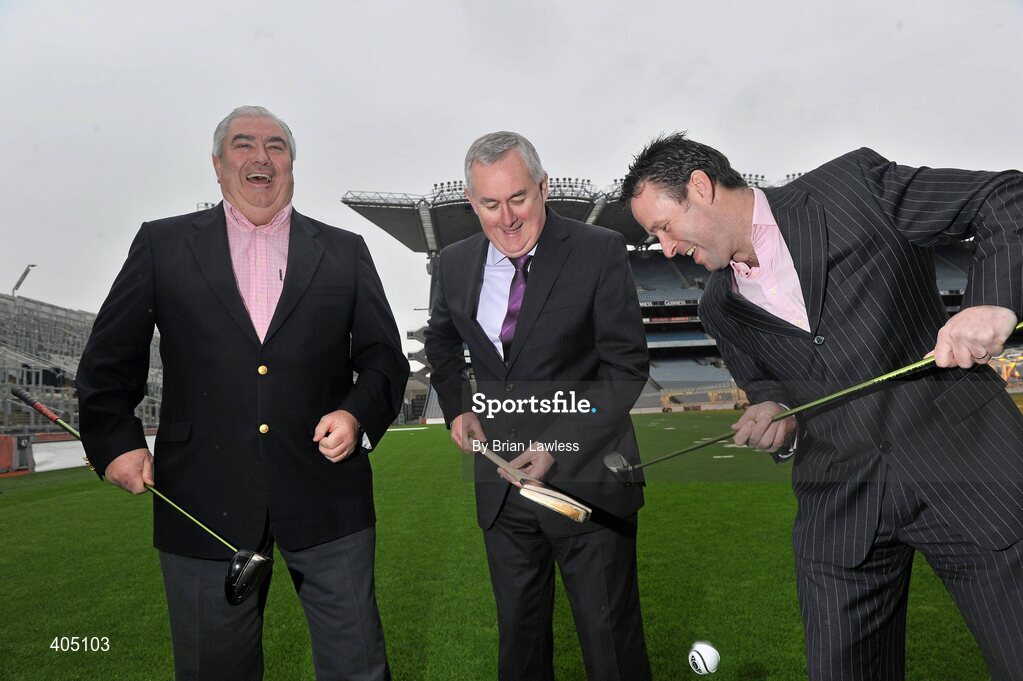 25 February 2010; Uachtarán CLG Criostóir Ó Cuana today launched the 2010 GAA Legends All-Ireland Charity golf Inter-County Championships which takes place in La Cala Resort, Costa del Sol between May 12th and 15th. The charity, which is one of the Association's two official charities for 2009/2010, involves teams from all 32 counties, made up of former inter-county footballers and hurlers competing in a golf championship for the top prize. The combined monies collected from all the teams entered will be divided between the chosen charities of the winning team. At the launch are Uachtarán CLG Criostóir Ó Cuana, centre, with Galway manager Joe Kernan, Secretary of the Organising Committee, left, and Meath football legend Bernard Flynn, Chairman of the Organising Committee. Croke Park, Dublin. Picture credit: Brian Lawless / SPORTSFILE