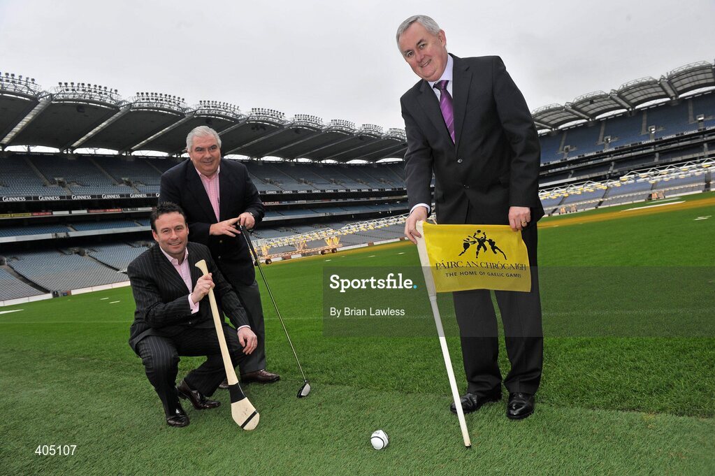 25 February 2010; Uachtarán CLG Criostóir Ó Cuana today launched the 2010 GAA Legends All-Ireland Charity golf Inter-County Championships which takes place in La Cala Resort, Costa del Sol between May 12th and 15th. The charity, which is one of the Association's two official charities for 2009/2010, involves teams from all 32 counties, made up of former inter-county footballers and hurlers competing in a golf championship for the top prize. The combined monies collected from all the teams entered will be divided between the chosen charities of the winning team. At the launch are Uachtarán CLG Criostóir Ó Cuana, right, with Galway manager Joe Kernan, Secretary of the Organising Committee, and Meath football legend Bernard Flynn, Chairman of the Organising Committee, left. Croke Park, Dublin. Picture credit: Brian Lawless / SPORTSFILE