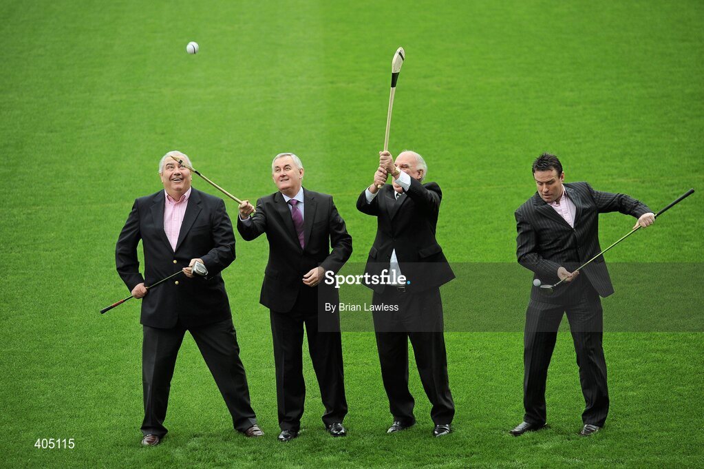 25 February 2010; Uachtarán CLG Criostóir Ó Cuana  Criostóir Ó Cuana today launched the 2010 GAA Legends All-Ireland Charity golf Inter-County Championships which takes place in La Cala Resort, Costa del Sol between May 12th and 15th. The charity, which is one of the Association's two official charities for 2009/2010, involves teams from all 32 counties, made up of former inter-county footballers and hurlers competing in a golf championship for the top prize. The combined monies collected from all the teams entered will be divided between the chosen charities of the winning team. At the launch are Uachtarán CLG Criostóir Ó Cuana, with Galway manager Joe Kernan, Secretary of the Organising Committee, left, Meath football legend Bernard Flynn, Chairman of the Organising Committee, right, and Mick McGinley, father of golfer Paul McGinley and Organising Committee Member. Croke Park, Dublin. Picture credit: Brian Lawless / SPORTSFILE