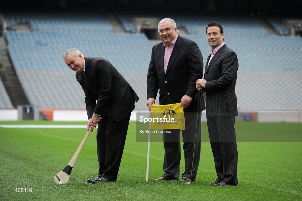 25 February 2010; Uachtarán CLG Criostóir Ó Cuana  Criostóir Ó Cuana today launched the 2010 GAA Legends All-Ireland Charity golf Inter-County Championships which takes place in La Cala Resort, Costa del Sol between May 12th and 15th. The charity, which is one of the Association's two official charities for 2009/2010, involves teams from all 32 counties, made up of former inter-county footballers and hurlers competing in a golf championship for the top prize. The combined monies collected from all the teams entered will be divided between the chosen charities of the winning team. At the launch are Uachtarán CLG Criostóir Ó Cuana, left, with Galway manager Joe Kernan, Secretary of the Organising Committee, and Meath football legend Bernard Flynn, Chairman of the Organising Committee, right. Croke Park, Dublin. Picture credit: Brian Lawless / SPORTSFILE
