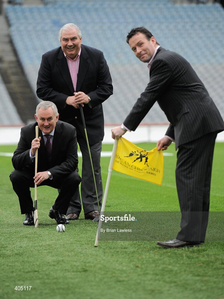25 February 2010; Uachtarán CLG Criostóir Ó Cuana today launched the 2010 GAA Legends All-Ireland Charity golf Inter-County Championships which takes place in La Cala Resort, Costa del Sol between May 12th and 15th. The charity, which is one of the Association's two official charities for 2009/2010, involves teams from all 32 counties, made up of former inter-county footballers and hurlers competing in a golf championship for the top prize. The combined monies collected from all the teams entered will be divided between the chosen charities of the winning team. At the launch are Uachtarán CLG Criostóir Ó Cuana, left, with Galway manager Joe Kernan, Secretary of the Organising Committee, and Meath football legend Bernard Flynn, Chairman of the Organising Committee, right. Croke Park, Dublin. Picture credit: Brian Lawless / SPORTSFILE