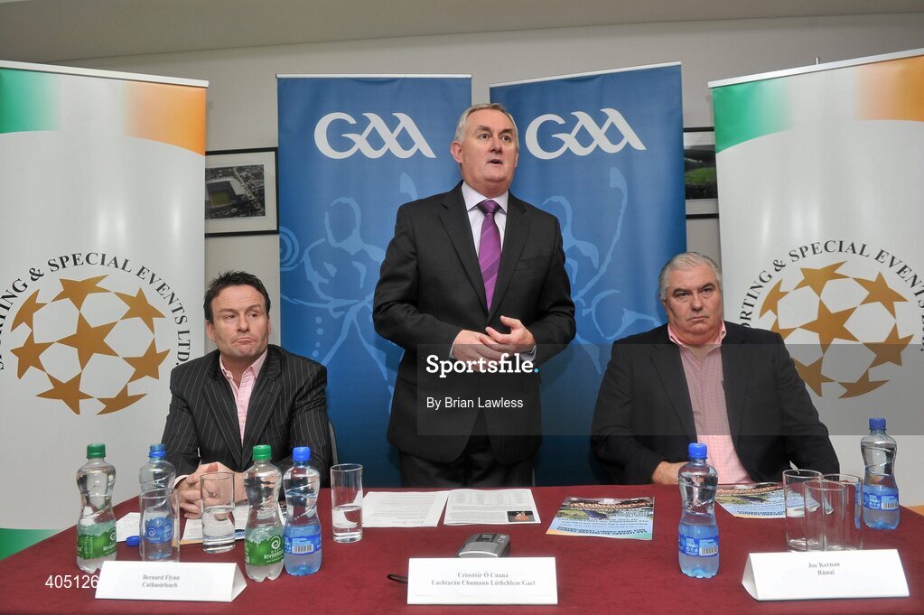 25 February 2010; Uachtarán CLG Criostóir Ó Cuana  today launched the 2010 GAA Legends All-Ireland Charity golf Inter-County Championships which takes place in La Cala Resort, Costa del Sol between May 12th and 15th. The charity, which is one of the Association's two official charities for 2009/2010, involves teams from all 32 counties, made up of former inter-county footballers and hurlers competing in a golf championship for the top prize. The combined monies collected from all the teams entered will be divided between the chosen charities of the winning team. Speaking at the launch is Uachtarán Chumann Lúthchleas Gael Criostóir Ó Cuana, centre, with Galway manager Joe Kernan, Secretary of the Organising Committee, right, and Meath football legend Bernard Flynn, Chairman of the Organising Committee. Croke Park, Dublin. Picture credit: Brian Lawless / SPORTSFILE