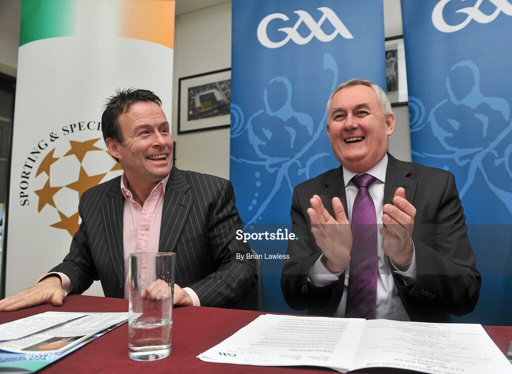 25 February 2010; Uachtarán CLG Criostóir Ó Cuana  today launched the 2010 GAA Legends All-Ireland Charity golf Inter-County Championships which takes place in La Cala Resort, Costa del Sol between May 12th and 15th. The charity, which is one of the Association's two official charities for 2009/2010, involves teams from all 32 counties, made up of former inter-county footballers and hurlers competing in a golf championship for the top prize. The combined monies collected from all the teams entered will be divided between the chosen charities of the winning team. At the launch is Uachtarán Chumann Lúthchleas Gael Criostóir Ó Cuana with Meath football legend Bernard Flynn, Chairman of the Organising Committee, left. Croke Park, Dublin. Picture credit: Brian Lawless / SPORTSFILE
